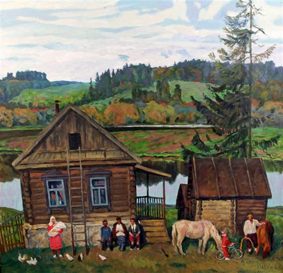 Russian School Landscape with villagers in the foreground, 33.5 x 33.5in.